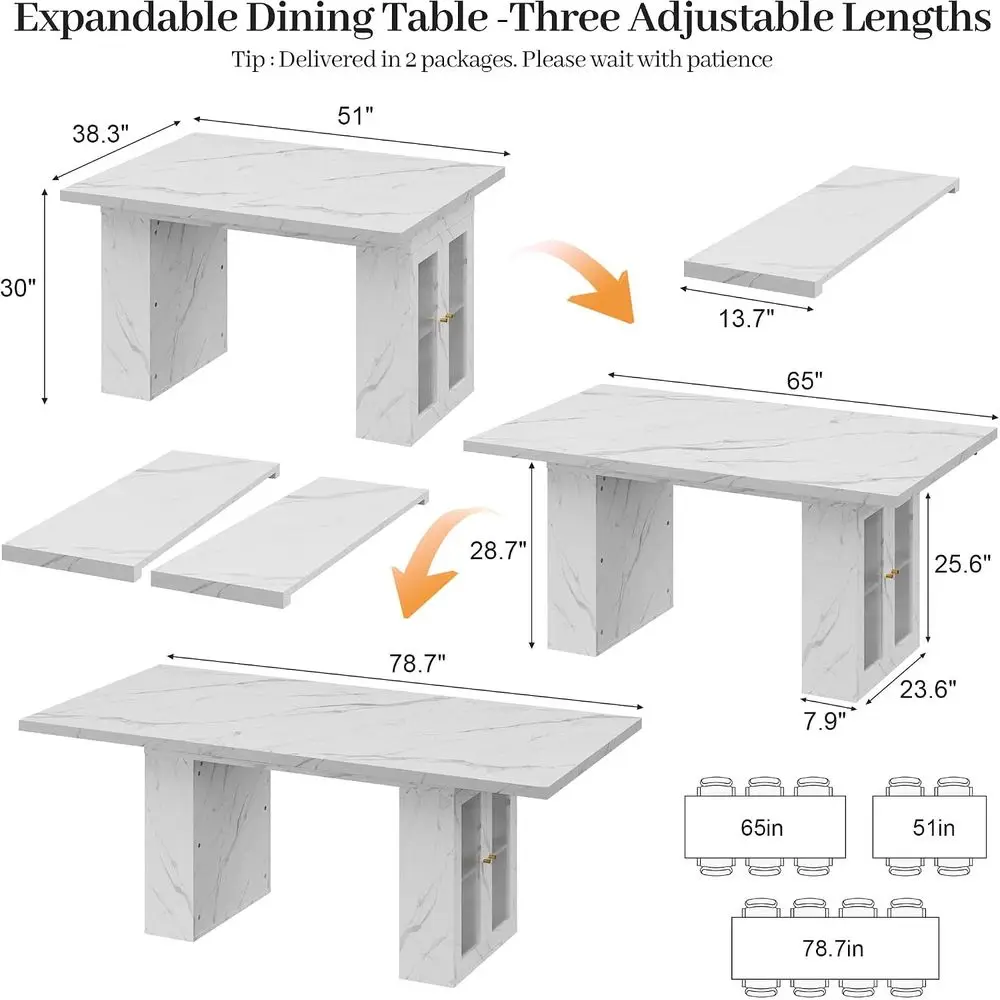 White Marble Dining Table with Hidden Storage, Expandable for 4-8 Seating, Suitable for Kitchen or Dining Room