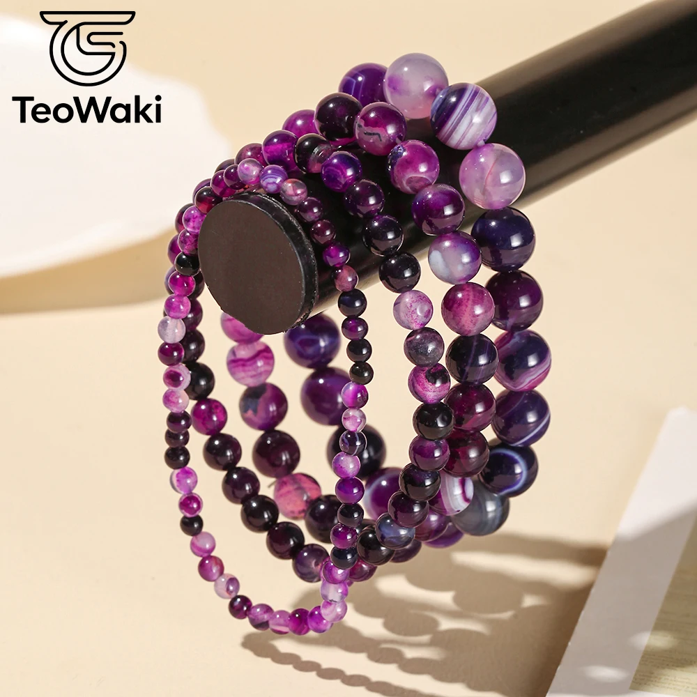TeoWaki Smooth Round Purple Stripe Agate Natural Beads Elastic Bracelet Stackable UnisexFashion Daily Jewelry Holiday Gift 19cm