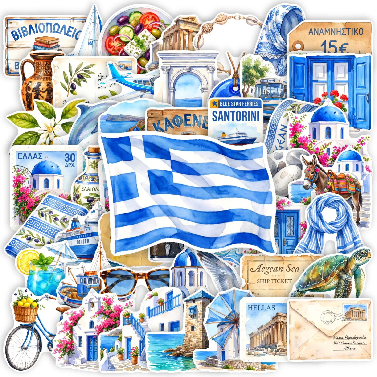 50Pcs Greek Fresh Architecture Scenery Waterproof Stickers for Water Bottle Skateboard Helmet Reward Journal DIY Decor Decals