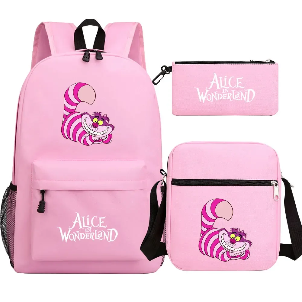 Kawaii Alice in Wonderland 3Pcs Boy Girl Kids School Book Bags Teenager Travel Backpack Shoulder Bag Pen Bag