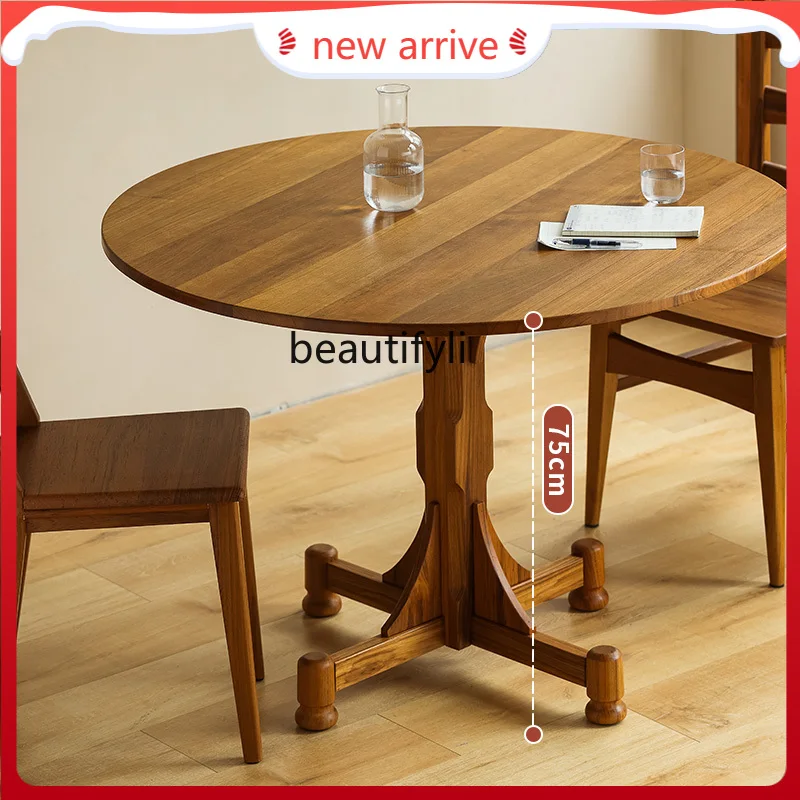 

Medieval solid wood dining table household Nordic Myanmar old teak retro round table restaurant solid wood dining table G1218