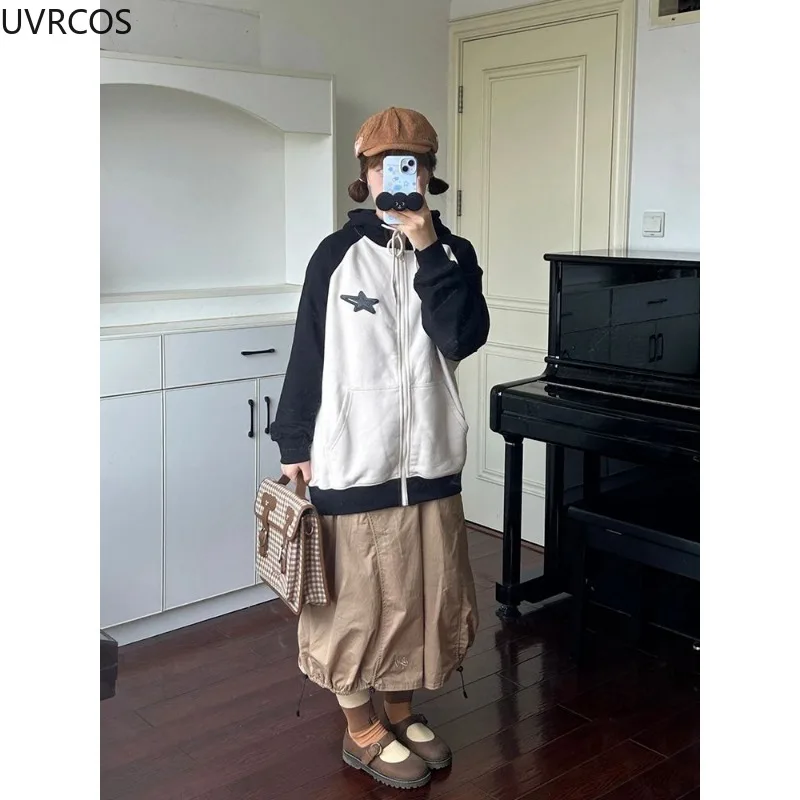 Harajuku Zip Hoodies Women Japanese Style Oversize Sweatshirts Kawaii Patchwork Star Gothic Y2k Hooded Overcoat Korean Fashion