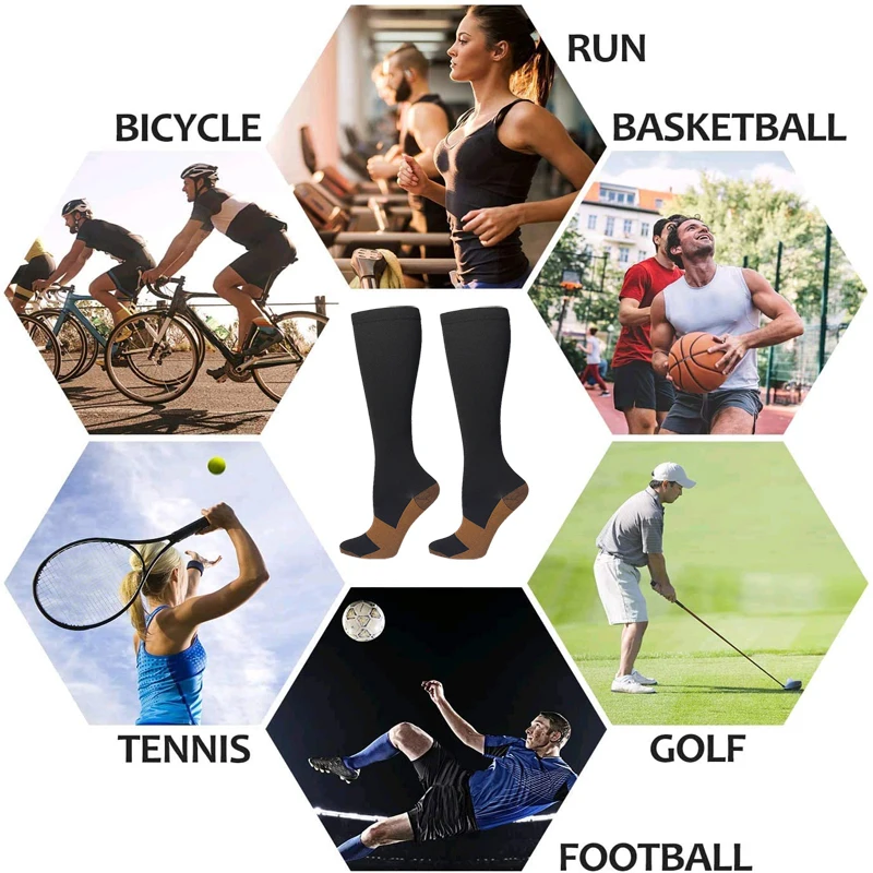 6 Paar Kupferionen-Sport-Kompressionssocken für Männer und Frauen, einfarbige Kompressions-Drucksocken für Radfahren, Fußball, Basketball – Detail 4