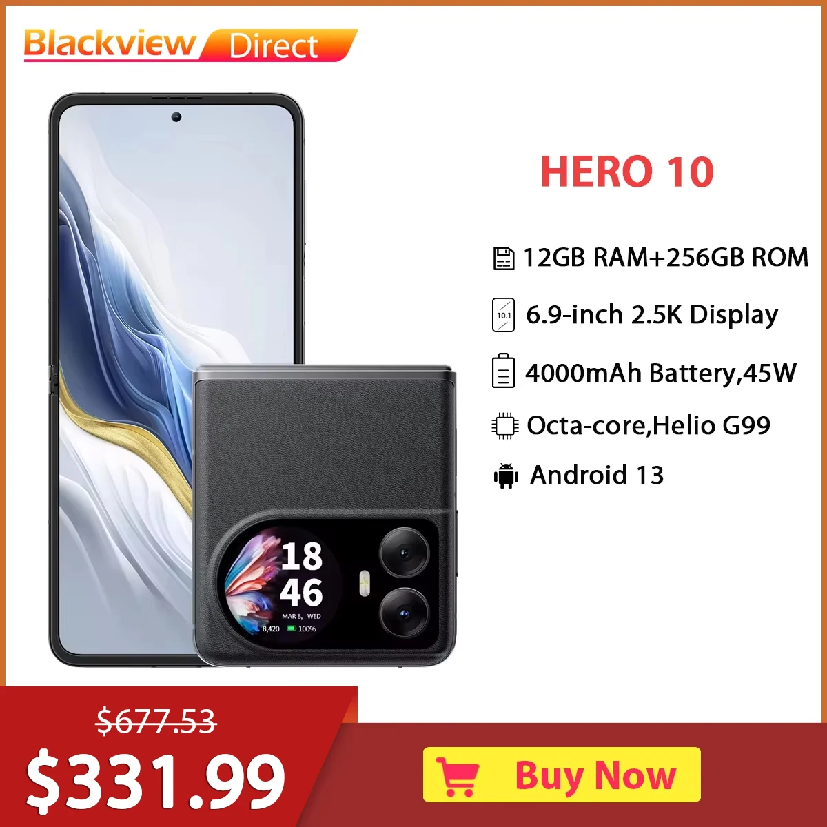 Смартфон Blackview HERO 10, складной дисплей AMOLED с диагональю 6,9 дюйма, 12 ГБ + 256 ГБ, мобильный телефон MTK Helio G99, задняя камера 108 МП, зарядка 45 Вт
