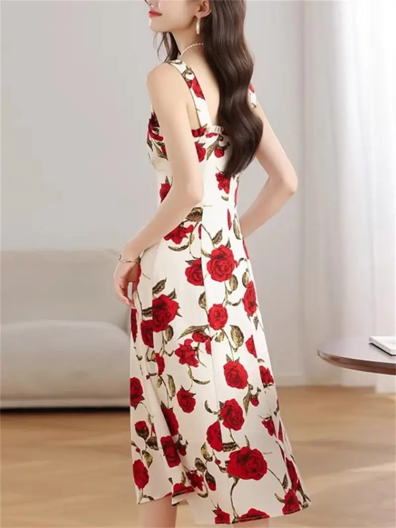 2025 New Women's Red Rose Floral French Strap Long Maxi Dress Summer Seaside Vacation Beach Boho Sundress G482