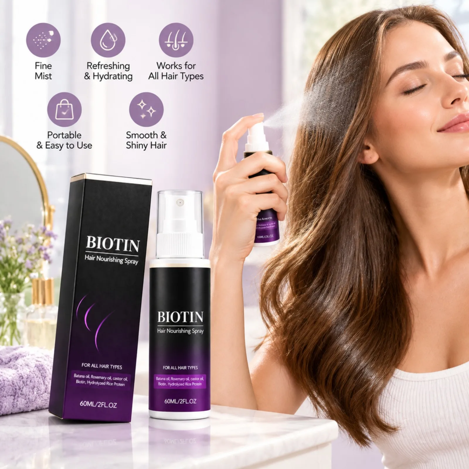Biotin Hair Nourishing Spray 60ml Improve Frizzy Hair Soft Shine Easy Combing Lightweight for All Hair Types Daily Care