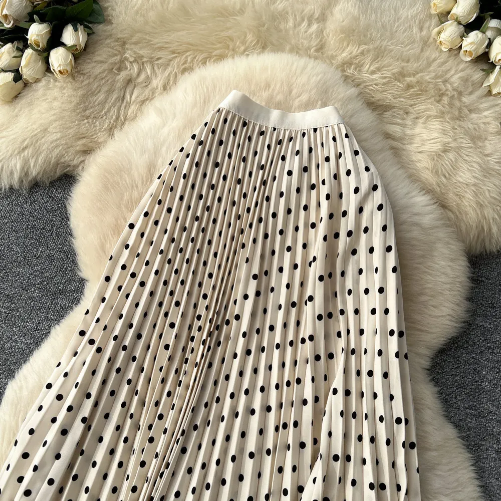 Korean Style Polka Dot Print Pleated A-line Long Skirts Women 2026 Spring Summer High Waist Casual Skirt