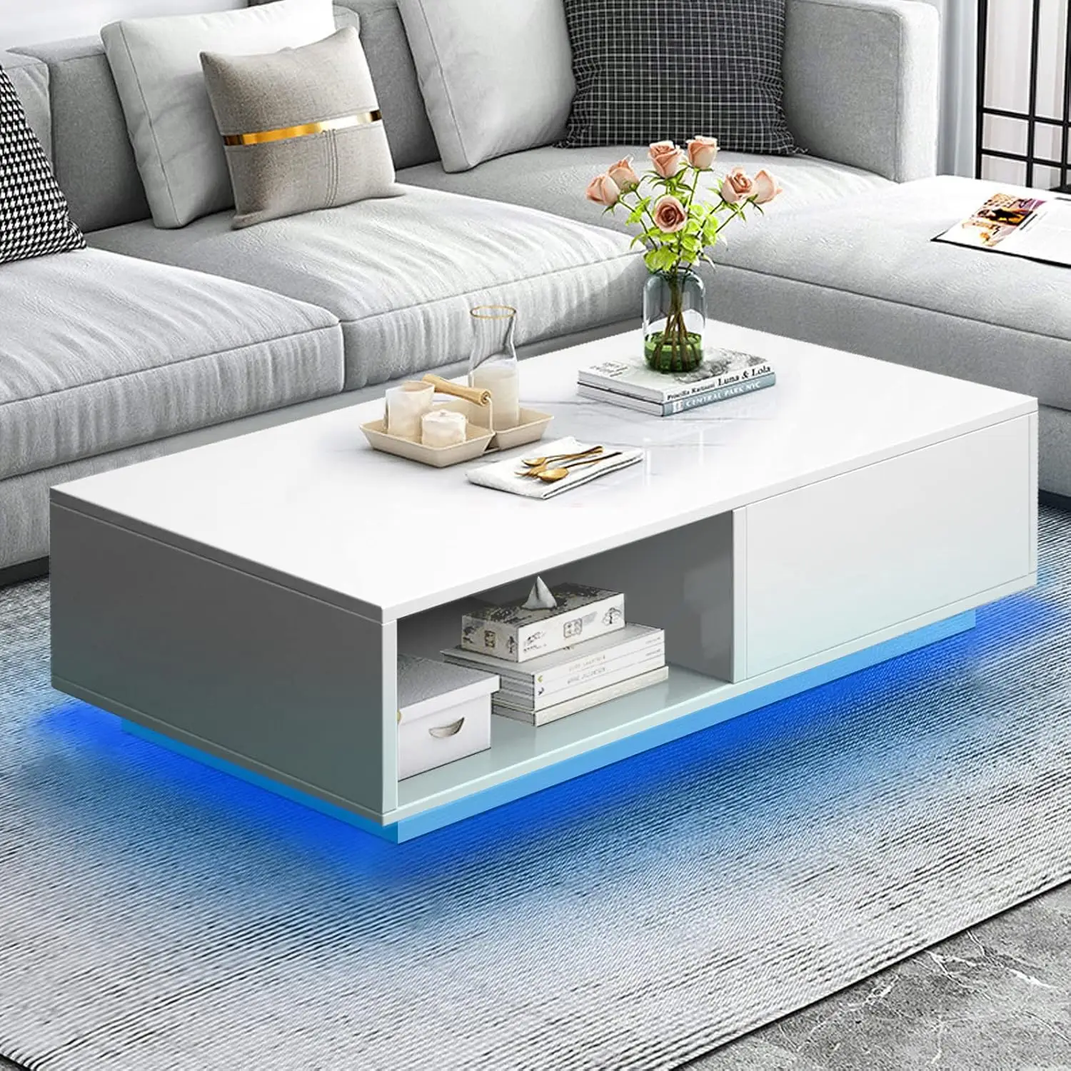 

Современные белые LED-столики для гостиной с выдвижным ящиком и 16-цветной LED-подсветкой, прямоугольный журнальный столик для гостиной, на заказ