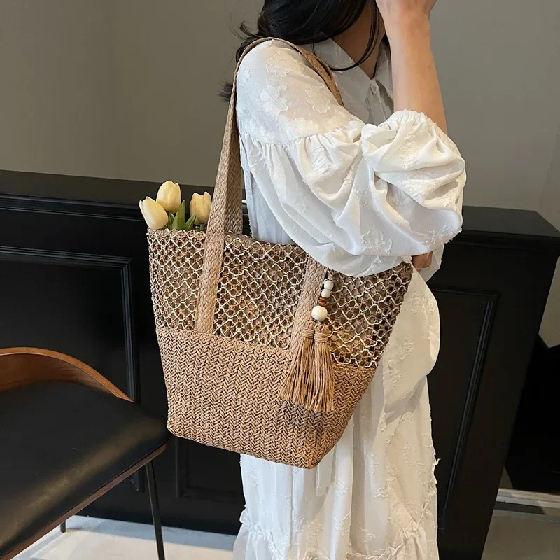 

2025 New! Retro Summer Imitation Grass Woven Tote Bag - Large Capacity Fashion Commuter Seaside Vacation Style