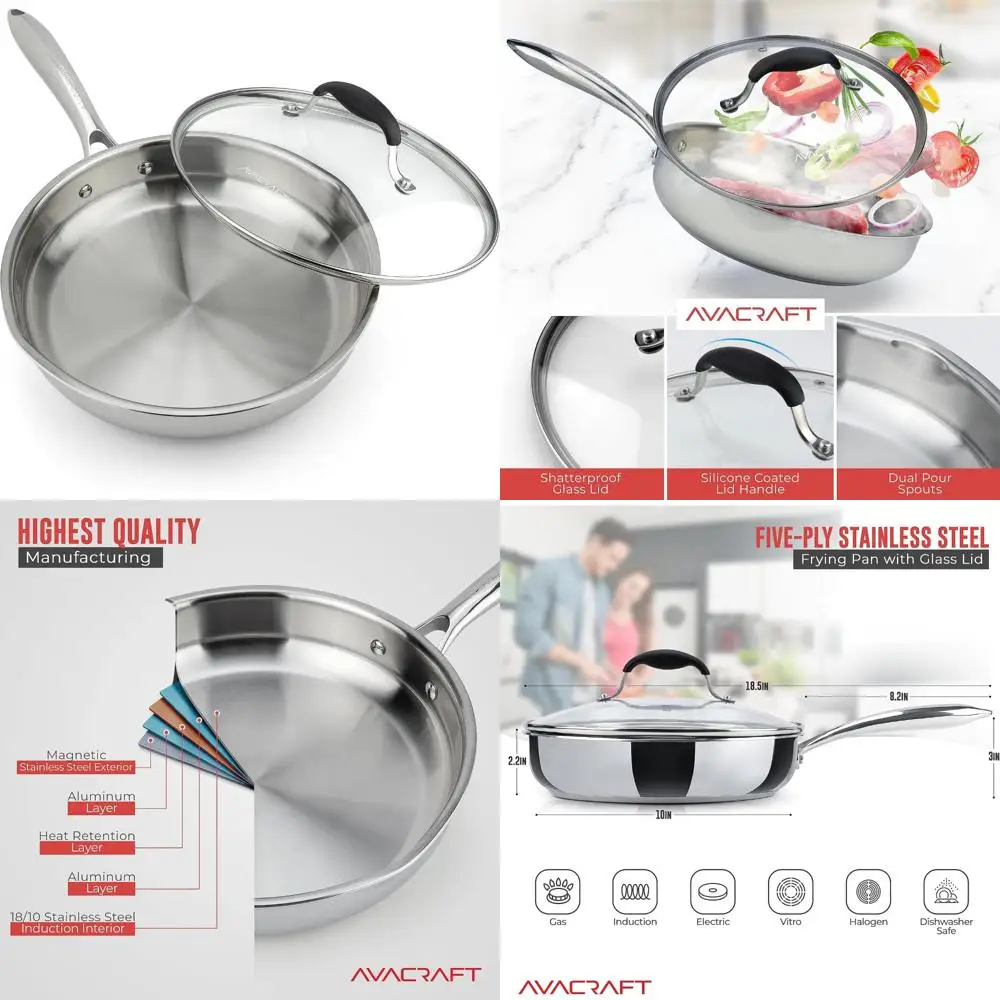 

10-дюймовая сковорода из нержавеющей стали с крышкой, боковыми изливками, индукционная совместима, универсальная сковорода для приготовления пищи