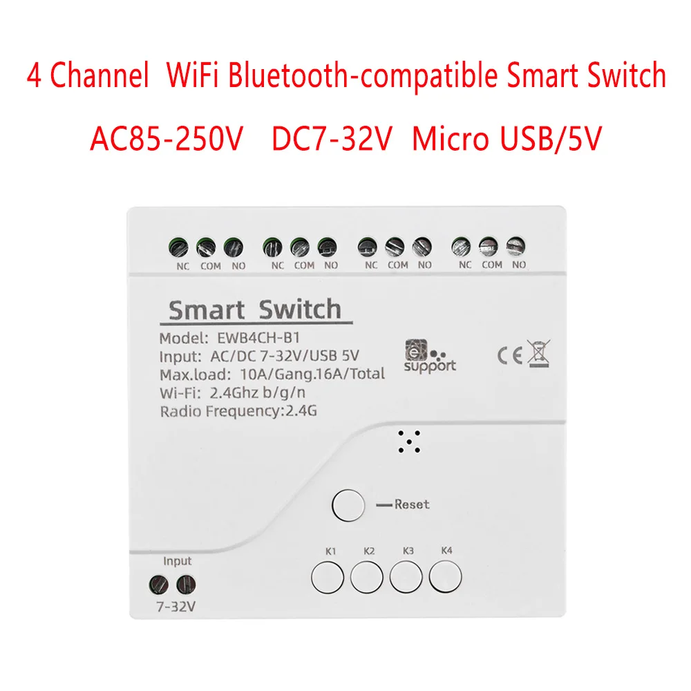 For eWeLink 4 Channel Smart WiFi  Bluetooth-compatible Wireless Relay Switch Module APP Remote Control AC85-250V DC7-32V 4CH