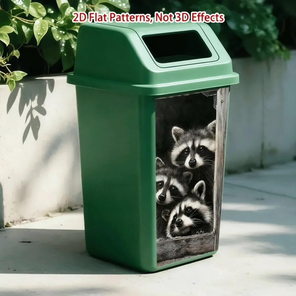 2D Flat Vintage Wooden Window Raccoon Trash Can Sticker Size 37x82cm Sketch‑Style Cute Animal Full of Artistic Vibe