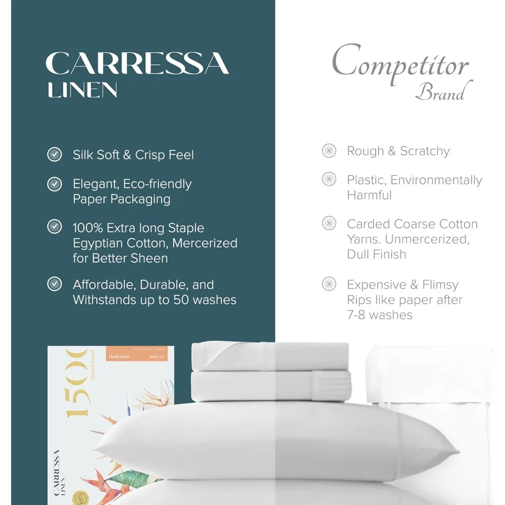 مجموعة ملاءات كاريسا كتان 100% من القطن المصري مقاس كينج - صفائح قطنية مصرية فاخرة عدد 1500 خيط مقاس كينج (4 قطع، أبيض #6