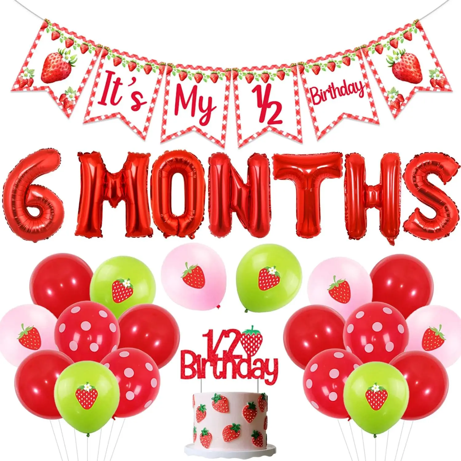 Strawberry Half Birthday Decor It’s My 1/2 Birthday Banner 6 Months Balloons Cake Topper for Girls 1/2 Birthday Party Supplies