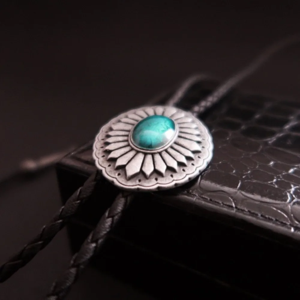 PU Woven Rope Indian Western Cowboys Bolo Tie Ethnic Style Vintage Turquoise Bolo Tie Western Country Style Sweater Chain