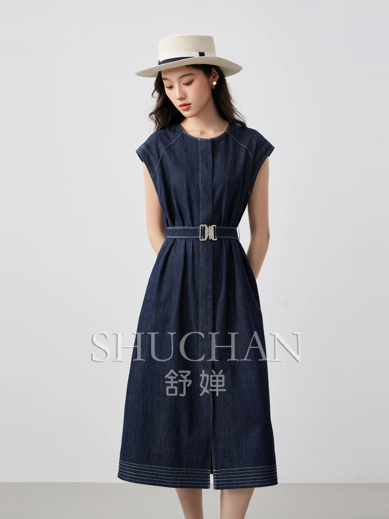

2025 good quality primary color blues build modernism, round neck sleeveless bright line denim lyocell dress