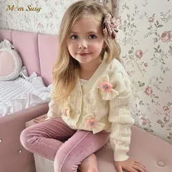 Baby Girl Princess Flower Bow Knitted Cardigan Infant Toddler Child Sweater Outfit Baby Knitwear Coat Clothes 1-5Y