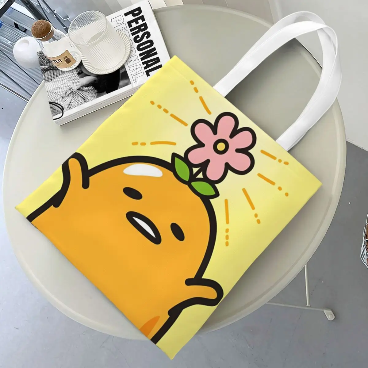 Gudetama Has Flowers On His Head Canvas Tote Handbag Grocery Bags Reusable Shopper Bags for Unisex