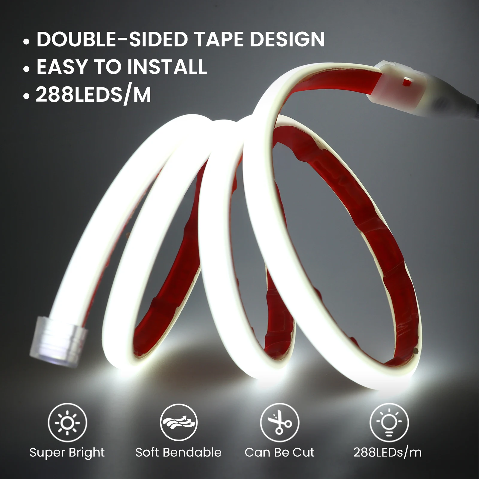 Adhesive LED Tape 220V 288LEDs/m Waterproof Flexible COB LED Strip With Dimmer Switch EU Plug Warm White/Natural White/White