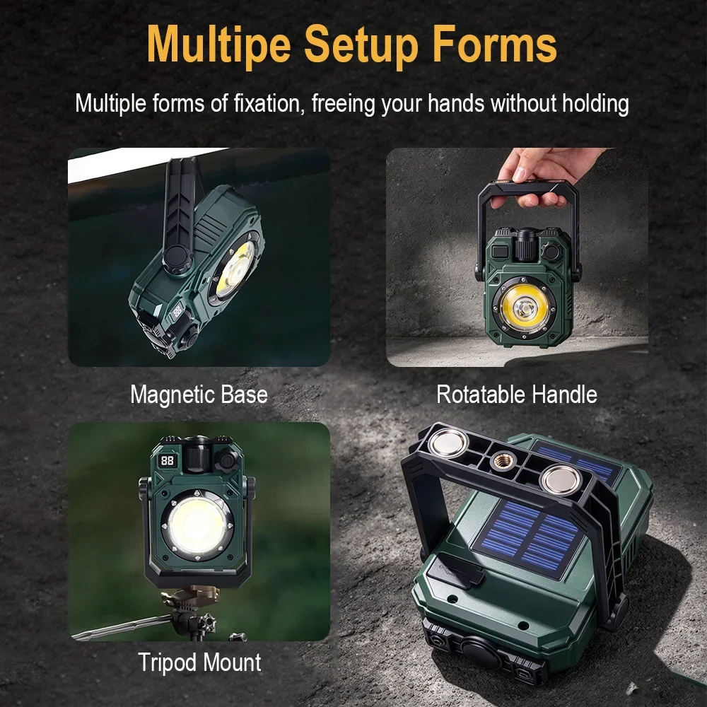 BORUiT Solar-powered Portable Work Light 300LM 5 Lighting Modes Magnetic Base Handheld Lantern Rechargeable Waterproof Camping