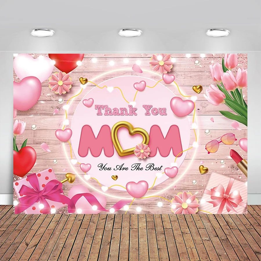 Happy Mother's Day Backdrop Thank You Mom Banner Pink Heart Flowers Mothers Day Photo Background Best Mom Ever Party Decorations