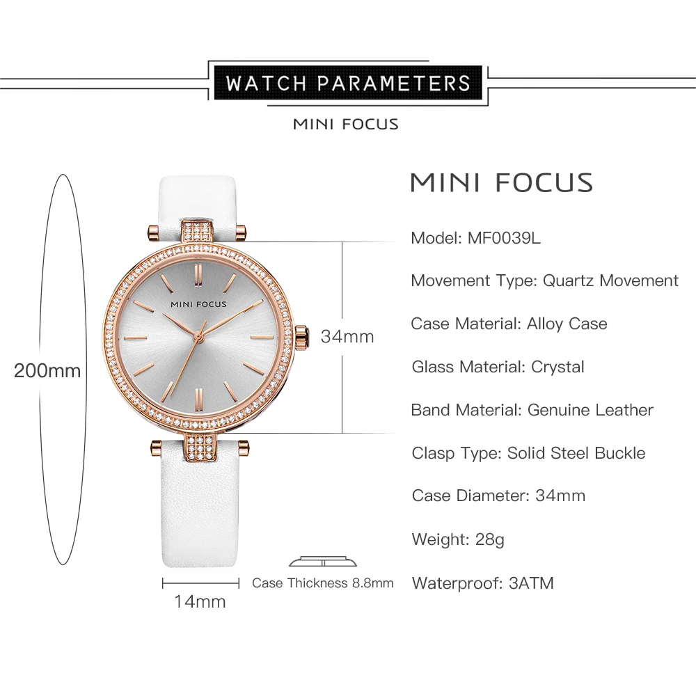 MINI FOCUS Japanese Movement Ladies Watch Rhinestone Case Luxury Elegant Genuine Leather Strap Vintage Office Style 0039L