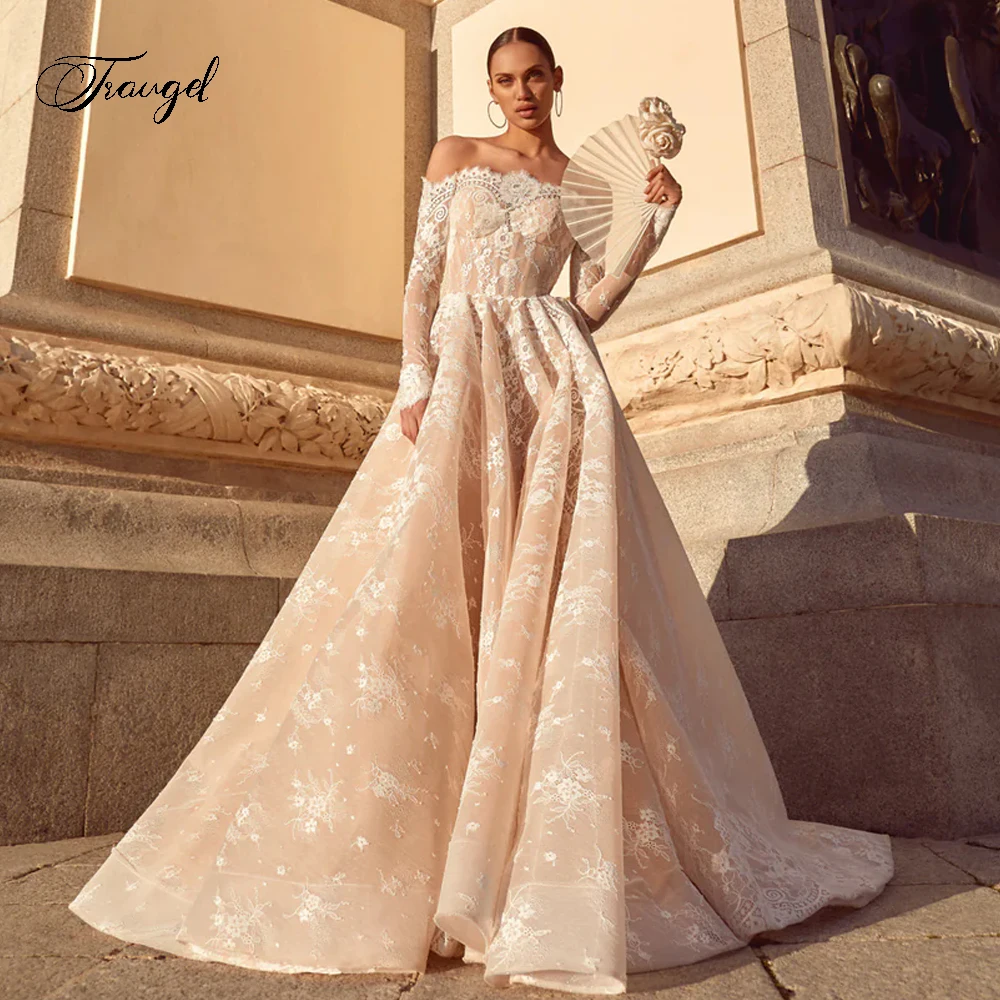 Customized Romantic Long Sleeve Lace Vintage Wedding Dresses Sexy Backless Sweep Train Strapless Robe De Mariee