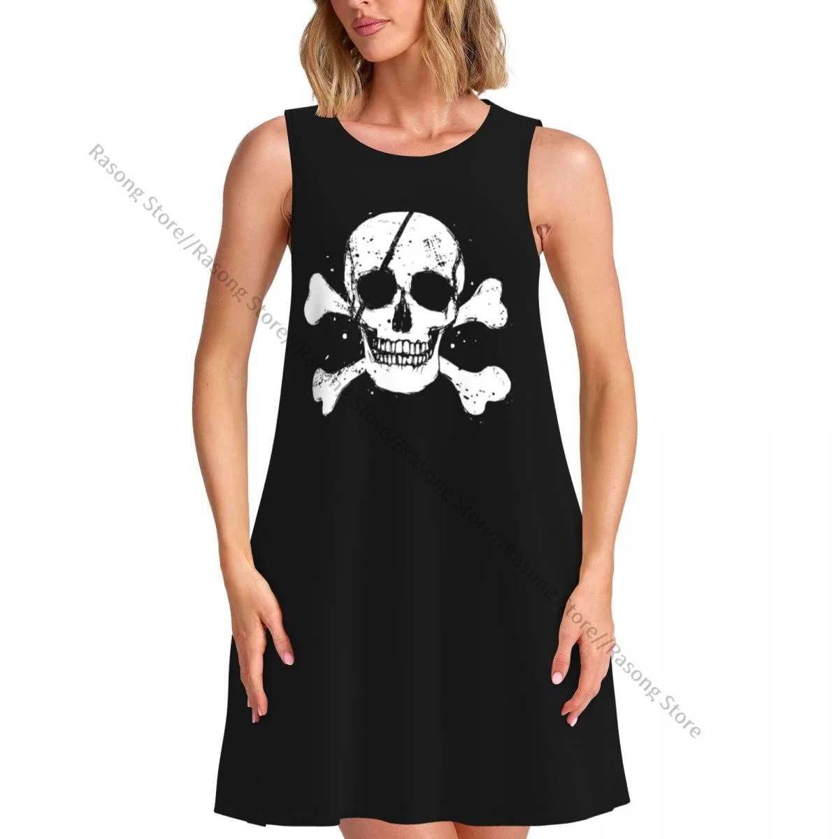 Vestido de chaleco de verano para mujer, vestidos femeninos sin mangas con bandera pirata negra
