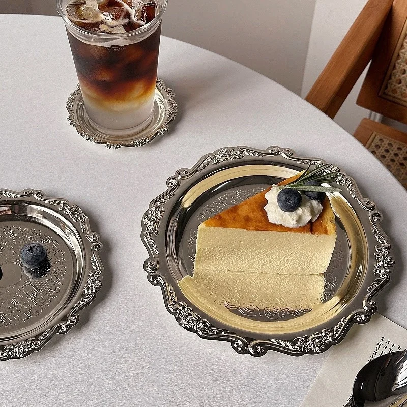 الرجعية الفاخرة الفضة مطلي لوحات كعكة الحلوى صينية عالية الشاي وجبة خفيفة طبق للفاكهة تخزين المجوهرات منضدية ديكور لوازم الفنادق المنزلية