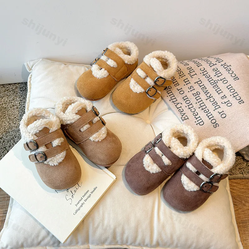 Designer Vintage Children Warm Fur Flats Shoes Cotton 2025 Fashion Shallow Belt Buckle Winter Boys Girls Comfort Loafers Shoes