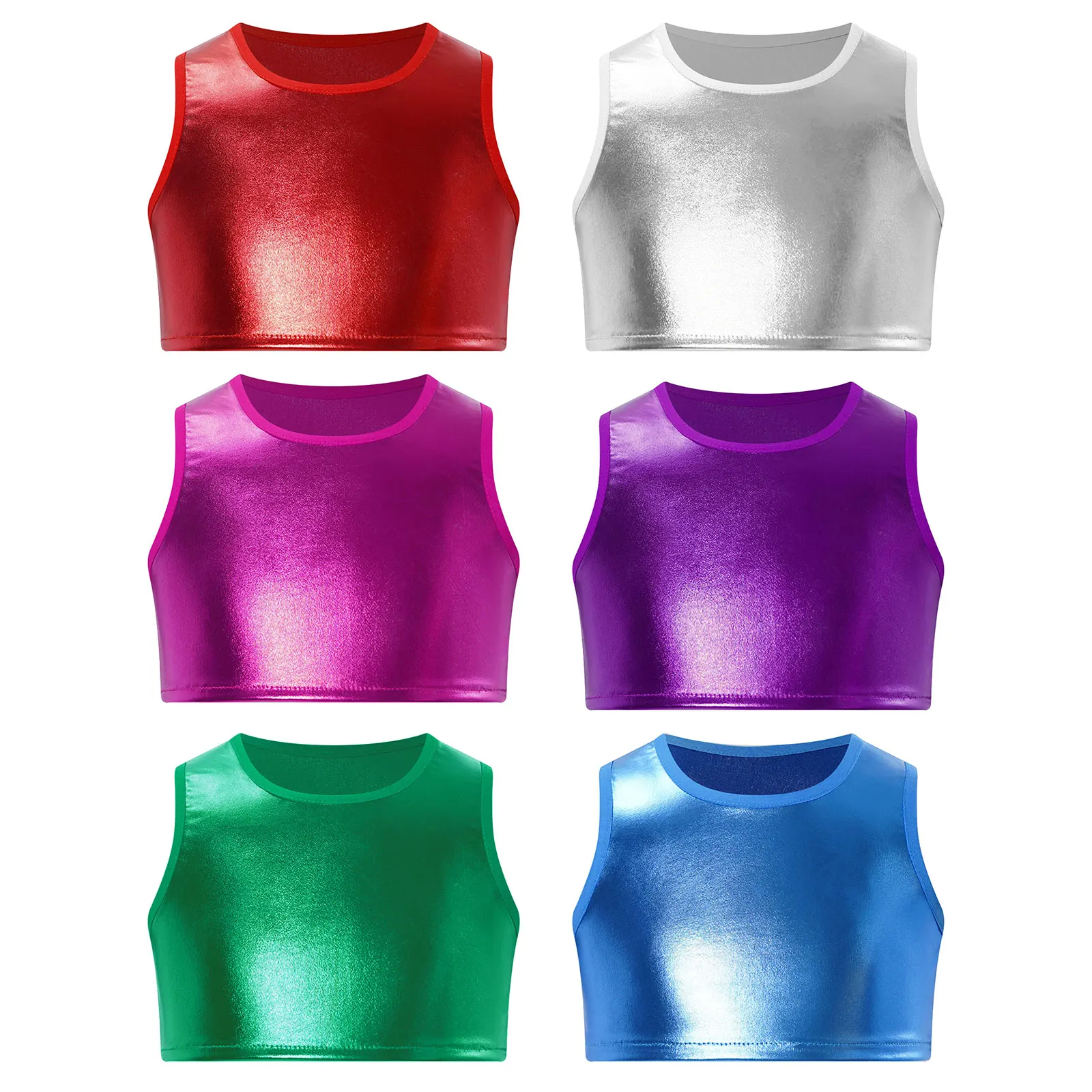 Kids Girls Metallic Dance Tops Round Neck Sleeveless Crop Top Stage Performance Vest for Ballet Gymnastics Workout Dancewear