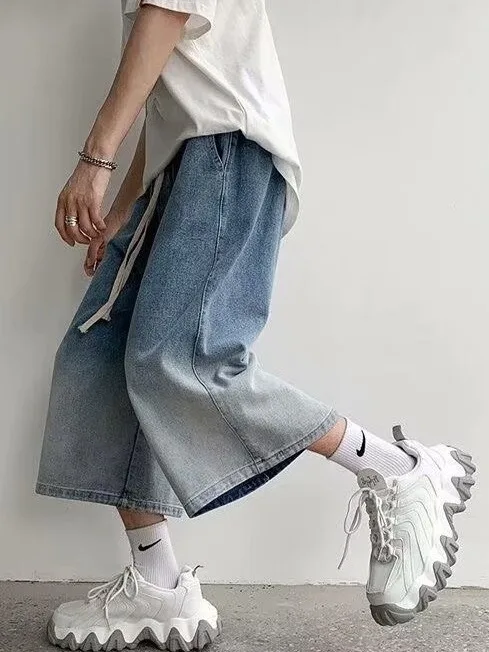 

Summer Thin Loose Men's Jeans mid Waist Straight Leg Oversize Trendy Hip Hop Versatile Denim orts Casual Wear Teenagers