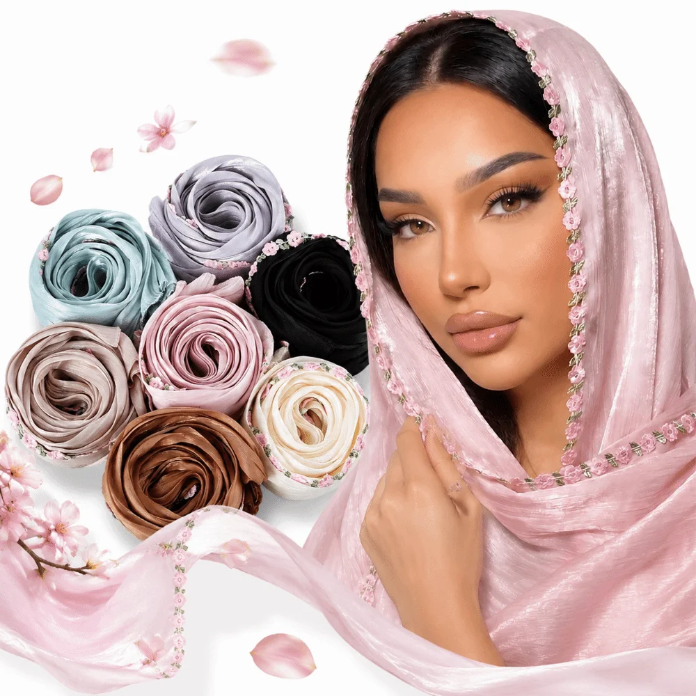 

Elegant Sheer Women’s Headscarf Shiny Lightweight Lace Trim Shawl Hooded Lace Trim Sheer Veil Modest Fashion
