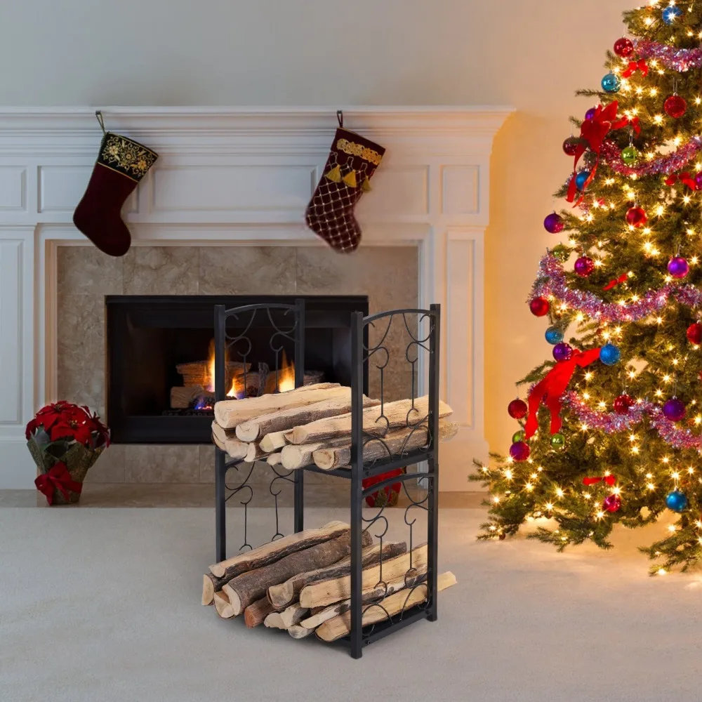 رف سجل الحطب الداخلي/الخارجي - حامل تخزين الموقد الفولاذي من خشب النار