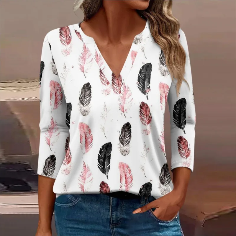 Spring Women's Long Sleeve T-Shirt New Fashion Gradient Color Blocking V Neck Printed Short Sleeve Top Casual Women's Clothing