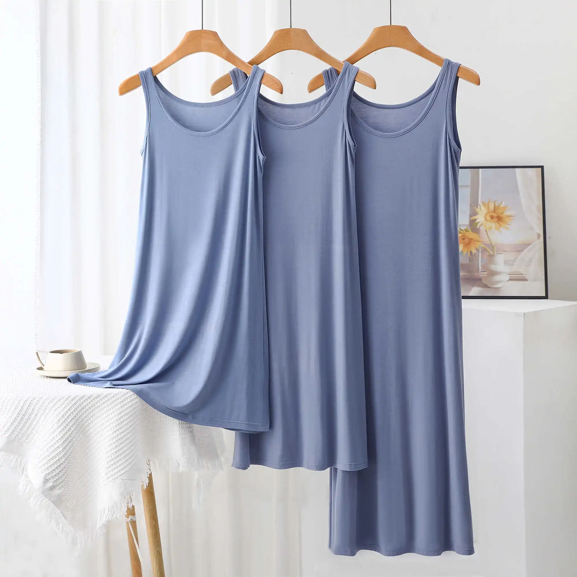 

Thin Modal Strap Vest Dress Women's Sleepwear Midi Summer Loose Underdress Home Clothes round Neck No Sleeve mid Dress Length