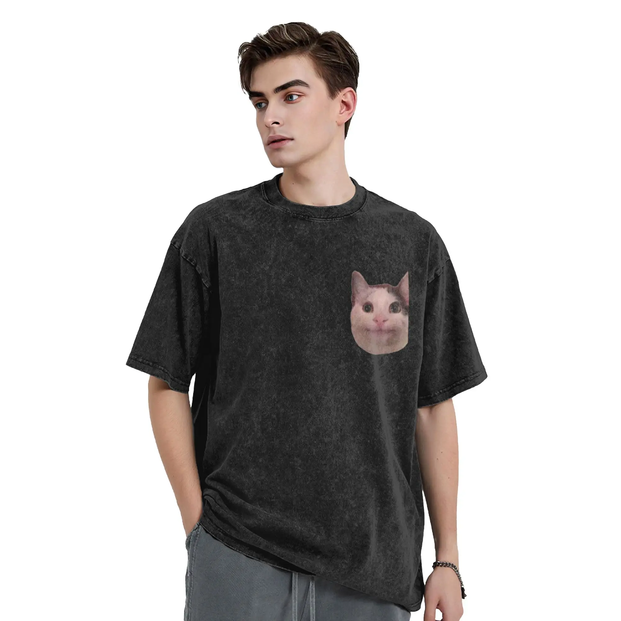 Meme cat happy Classic Stylish A Vintage Oversized Cotton Unisex T-Shirts