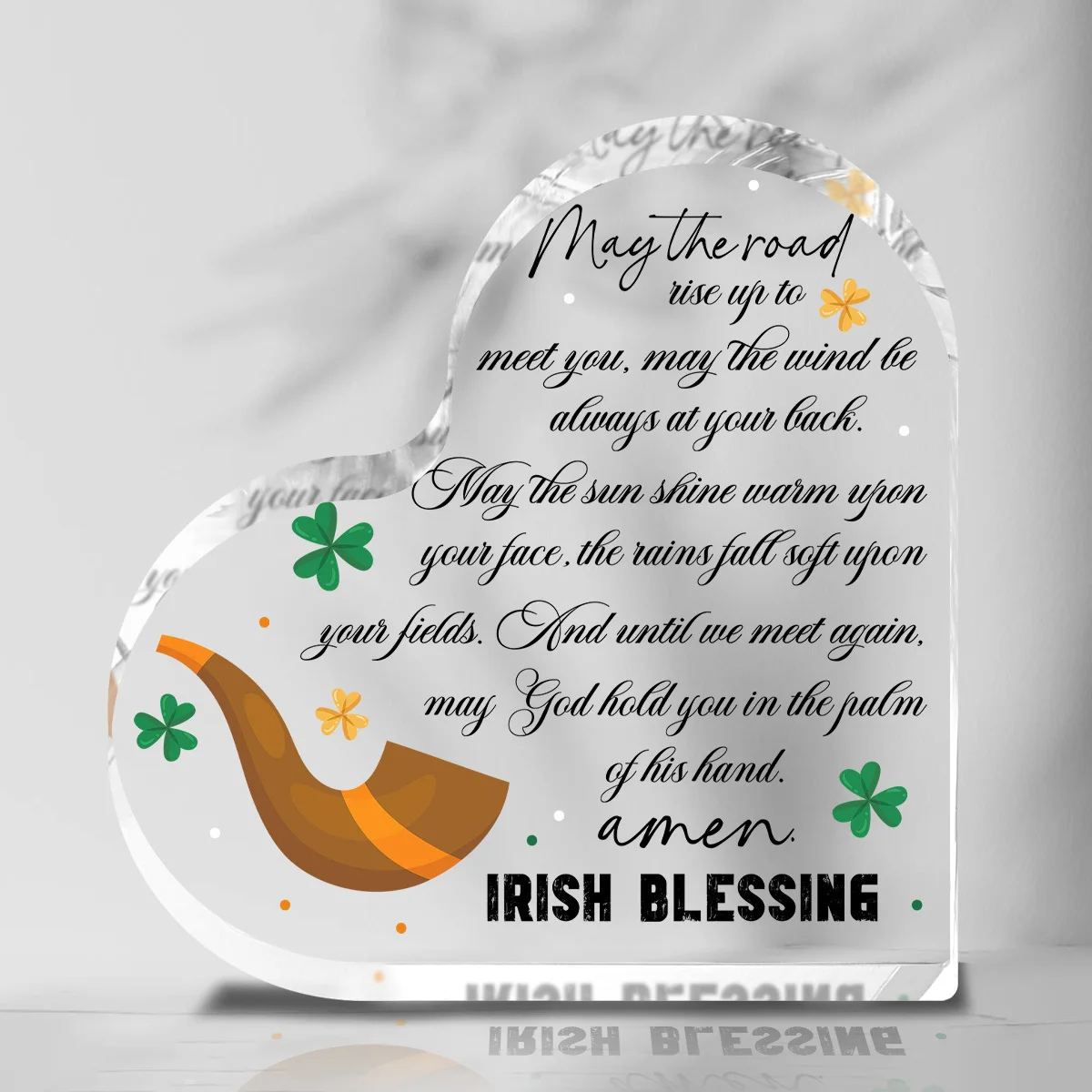 Ornement acrylique 2D plat Saint-Patrick - Cœur trèfle avec poème de bénédiction irlandaise et pendentif fer à cheval, décoration de bureau porte-bonheur pour la maison