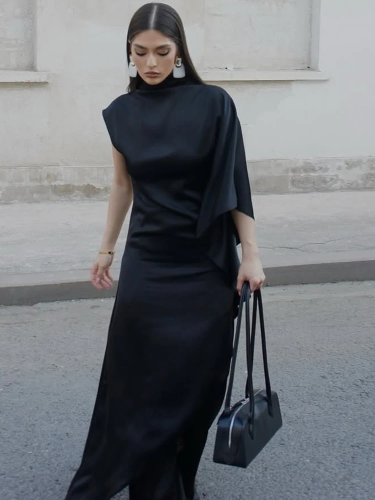 JULISSA MO 새틴 불규칙한 터틀넥 여성 미디 드레스 화이트 망토 슬리브 하이 웨이스트 드레스 여성 가을 ​​슬림 우아한 streetwear