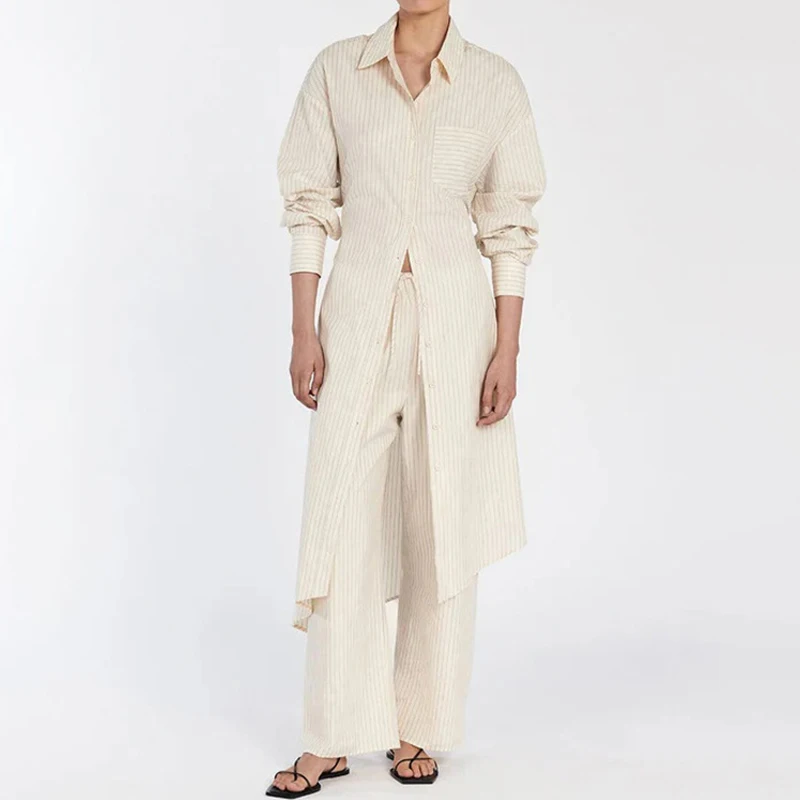 Simple Fashion Striped Print Long Top Outfit Women Sexy Single Breasted Lapel Shirt & Tie-up Pants Sets Autumn Long Sleeve Suits