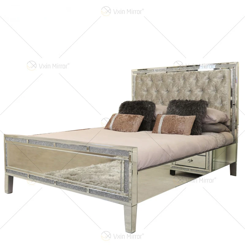 Factory direct sales mirror facing king size bed, bedroom furniture, glass veneer, diamond trim bed