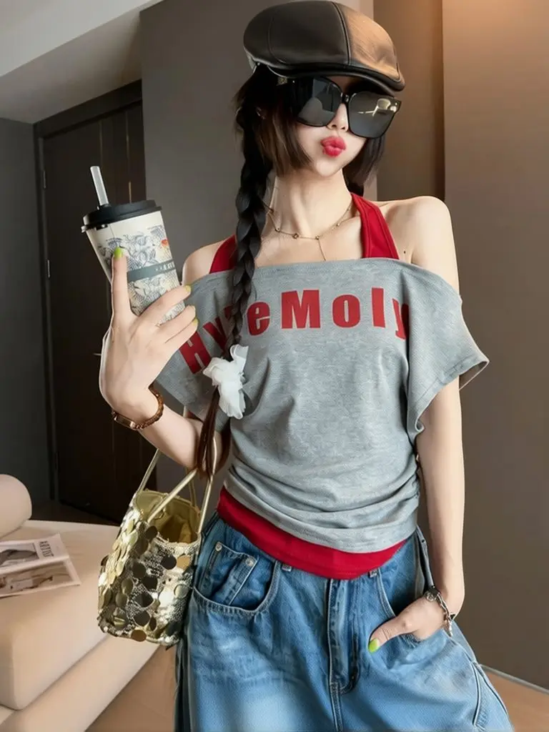 Fake Two-piece Sexy Backless Halter Top Women Off Shoulder Short Sleeve T Shirt Holiday Fitted Summer Casual Tees