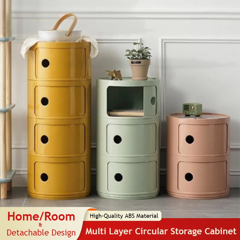 

Nordic Modern Style Multi-Layer Storage Cabinet Round Bedside Table ABS Material Storage Locker for Bedroom Living Room