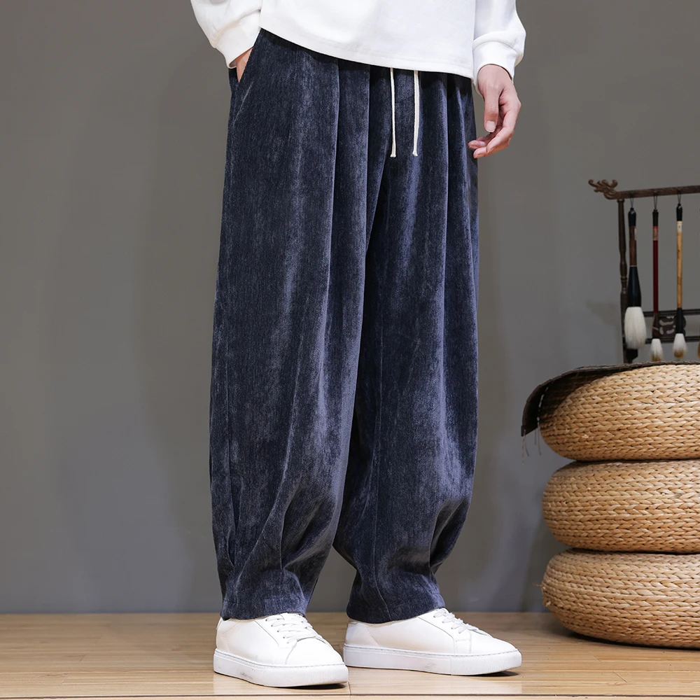 Velvet Retro Pants Men Autumn Winter Thickening Warm Pants Men Loose Fashion Casual Drawstring Solid Large Size Jogging Trousers
