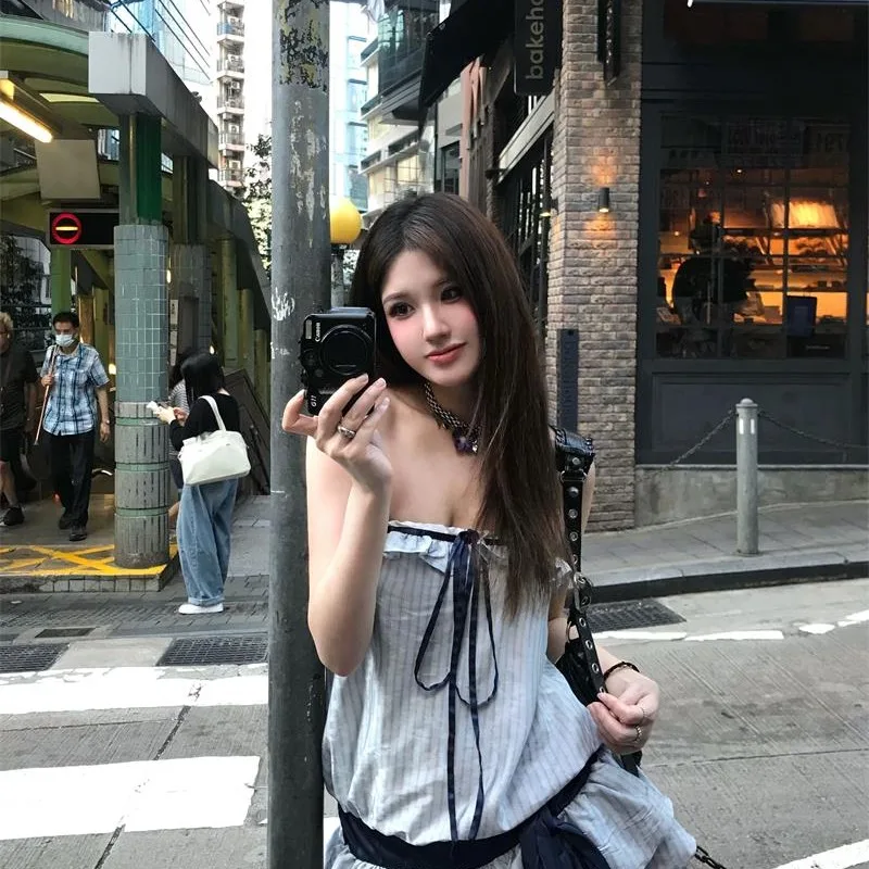 

Новая женская летняя плиссированная короткая юбка-трапеция с поясом, светло-голубая, с вышивкой и полосками, в стиле Lazy Sle