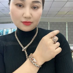 Designer Collection Style Ring Bracelet Necklace Inlay Cubic Zircon Black Enamel Snake Serpent Dinner Party Choker Jewelry Set