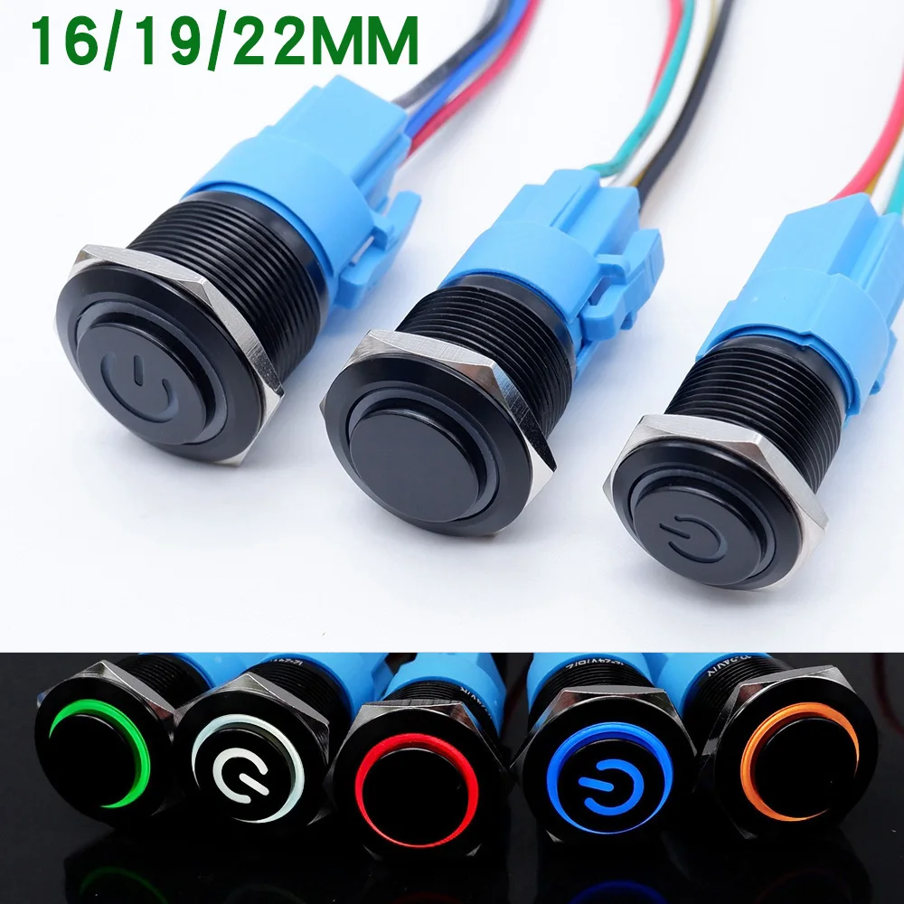 16mm 19mm 22mm Black On Off Metal Button Switch LED With Wire Momentary Locking High Head Ring Power Start Stop With5V 12V 220V