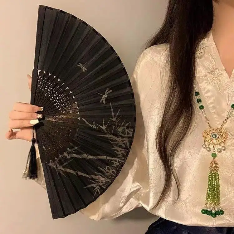 New Chinese Style Black Fan Portable for Dancing with  Hanfu Matching Skirt Ideal for Summer Home And Daily Use