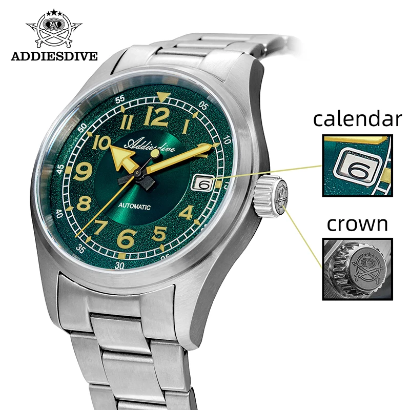 Addiesdive relógio masculino 39mm 20bar à prova dwaterproof água vintage super luminoso vidro de safira calendário exibição relógios mecânicos automáticos