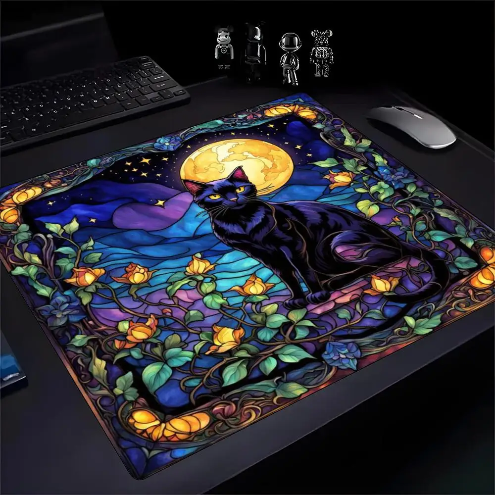Small Gaming MousePad Stained Glass Style Black Cat Full Moon Night Floral Art Print Non Slip Rubber Laptop Aesthetic Desk Decor